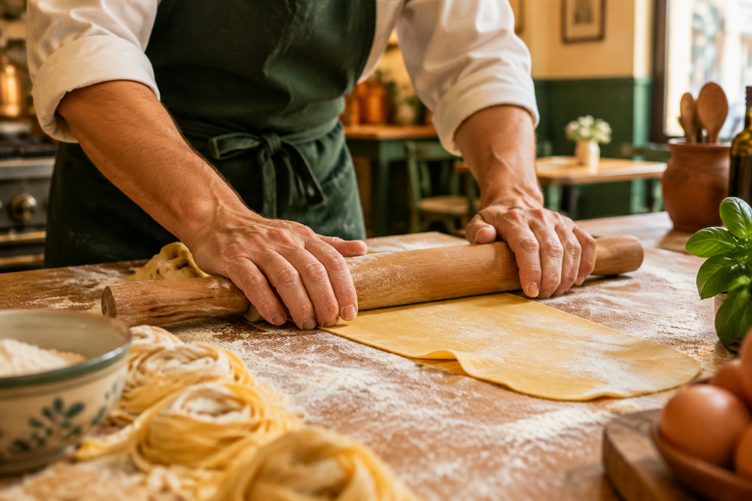 Fresh pasta being rolled by hand