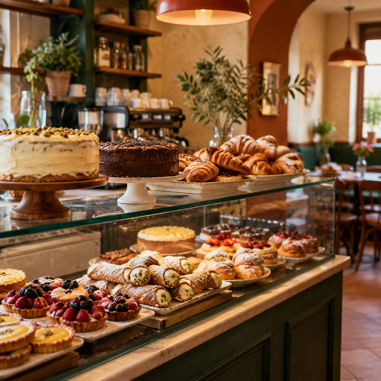 Pastries and cakes in the display